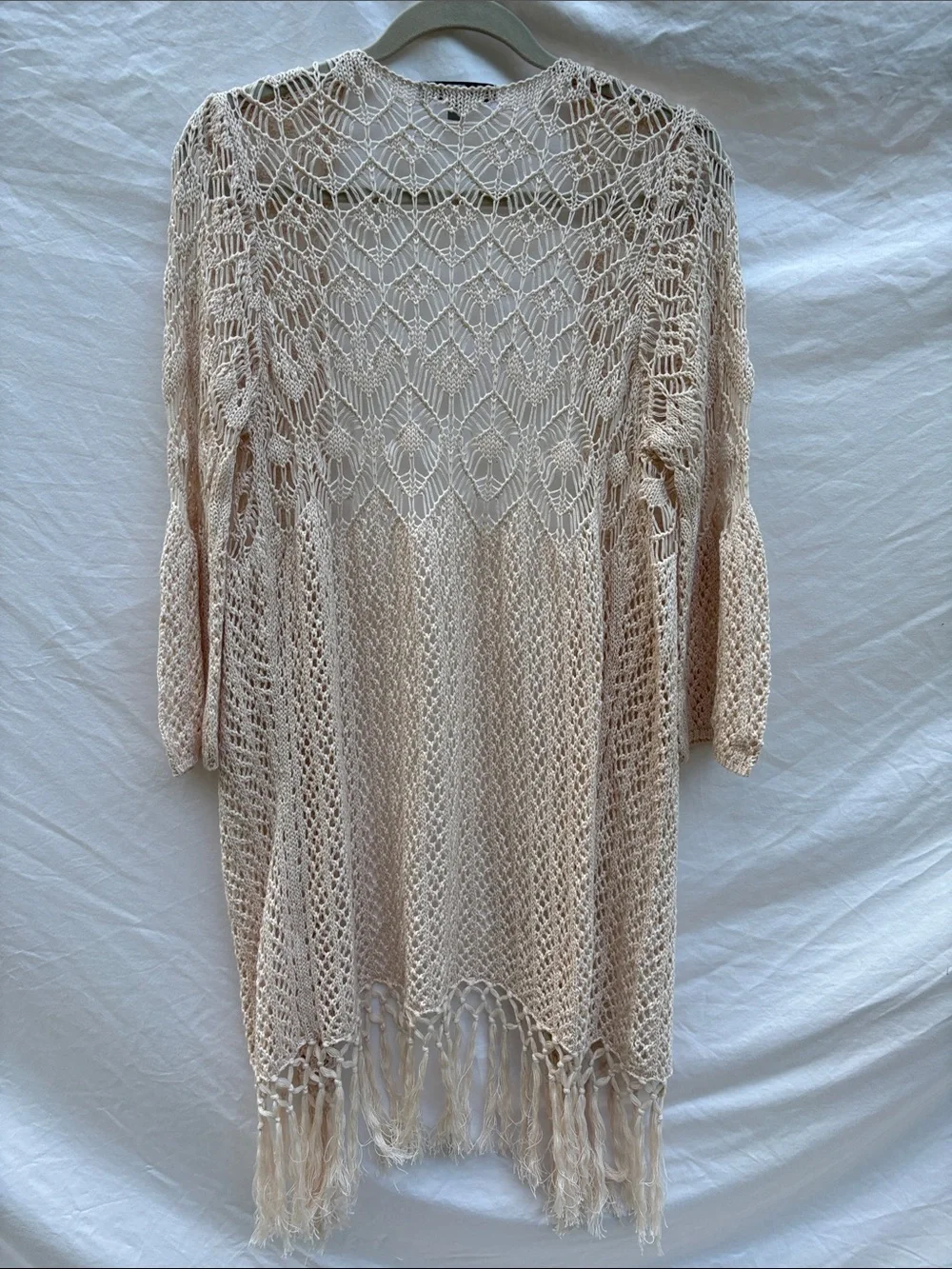 Olivia Sky Cream Open-Knit Fringe Duster Cardigan